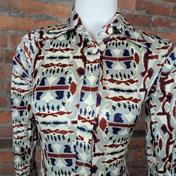 Vintage Bodysuit 1970s Retro Mod Gray Rust Ivory Print Pointy Collar Size L - Picture 3 of 6